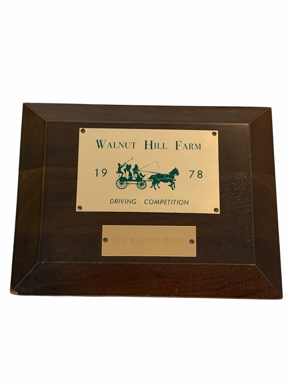 Vintage 1978 Walnut Hill Farm Driving Competition Equestrian Award Plaque